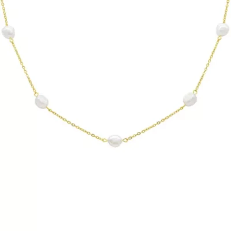 Tarnish Resistant 14k Gold Plated Adjustable Station Freshwater Pearl Necklace