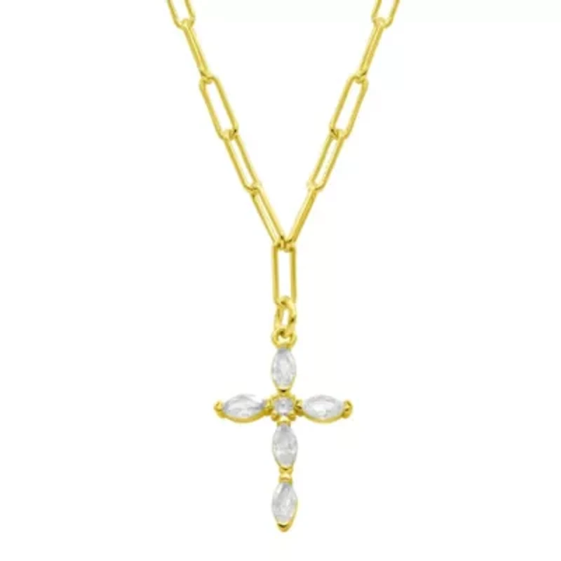 14k Gold Plated Paperclip Cubic Zirconia Cross Necklace