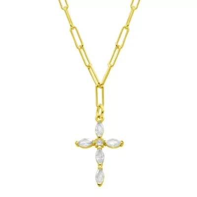 14k Gold Plated Paperclip Cubic Zirconia Cross Necklace