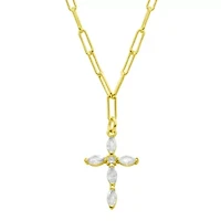 14k Gold Plated Paperclip Cubic Zirconia Cross Necklace