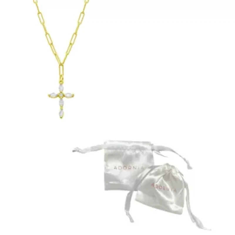 14k Gold Plated Paperclip Cubic Zirconia Cross Necklace