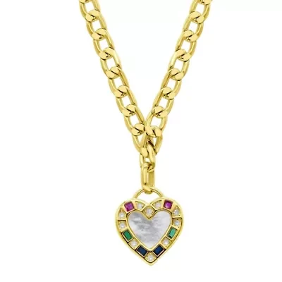 14k Gold Plated Figaro Chain Mother-of-Pearl Heart Necklace