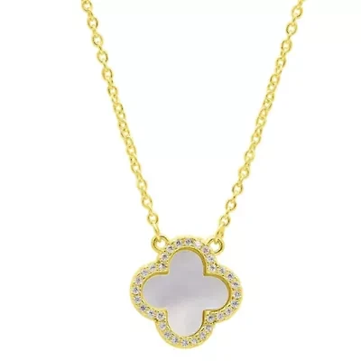 14k Gold Plated Crystal Halo White Mother of Pearl Clover Necklace