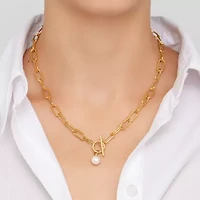 Tarnish Resistant PaperClip Toggle Necklace with Freshwater Pearl