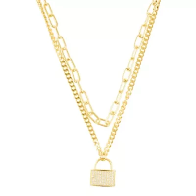 14k Gold Plated Adjustable Layered Chain Crystal Lock Necklace