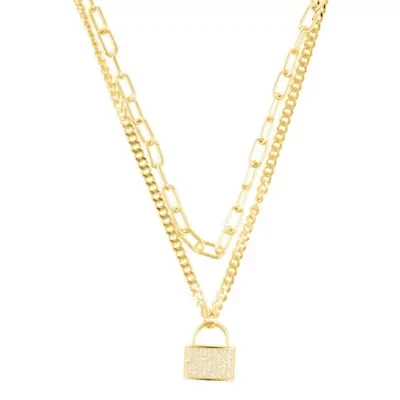14k Gold Plated Adjustable Layered Chain Crystal Lock Necklace