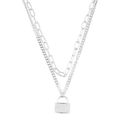 Sterling Silver Plated Adjustable Layered Chain Crystal Lock Necklace