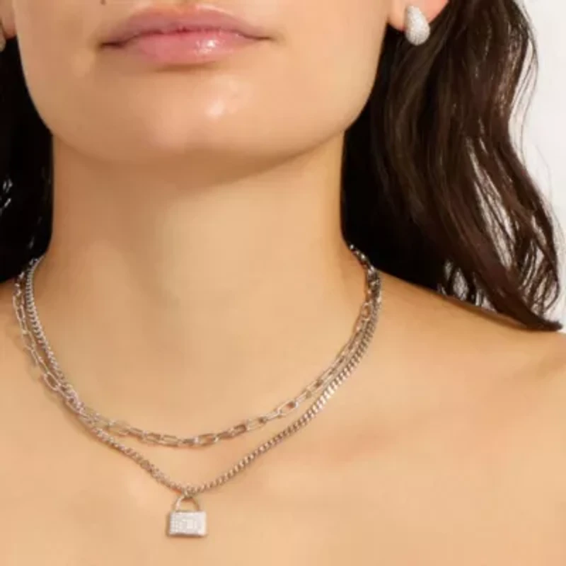 Sterling Silver Plated Adjustable Layered Chain Crystal Lock Necklace