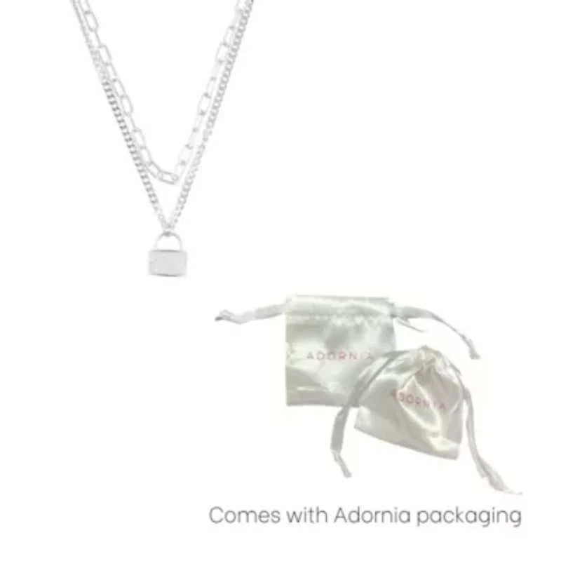 Sterling Silver Plated Adjustable Layered Chain Crystal Lock Necklace