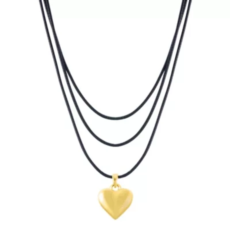 14k Gold Plated Adjustable Puffy Heart with Black Chord Bolo Necklace