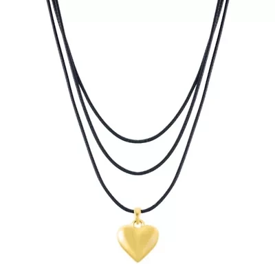 14k Gold Plated Adjustable Puffy Heart with Black Chord Bolo Necklace