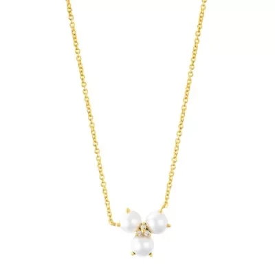 14k Gold Plated Adjustable 3-Point Freshwater Pearl Flower with CZ Necklace
