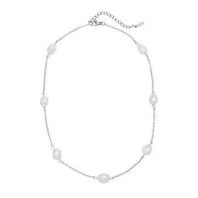 Tarnish Resistant Sterling Silver Plated Adjustable Station Freshwater Pearl Necklace