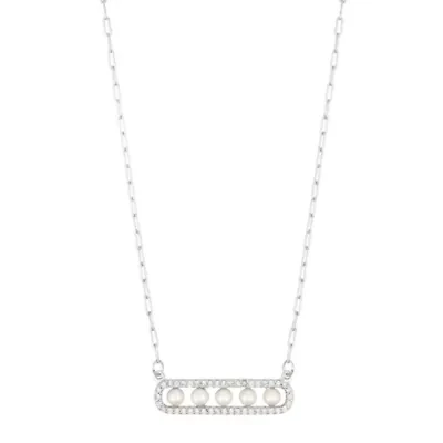 Silver Plated Pearl Pave Bar Necklace