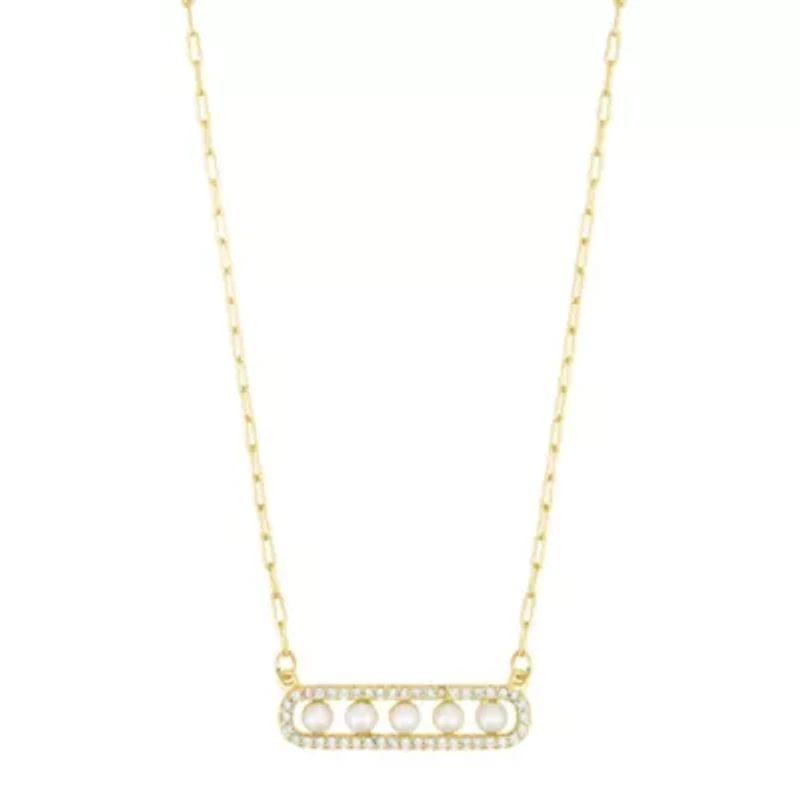 14k Gold Plated Pearl Pave Bar Necklace
