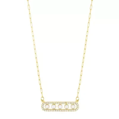 14k Gold Plated Pearl Pave Bar Necklace
