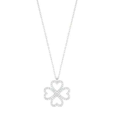Silver Plated Heart-Shaped Pave Clover Necklace