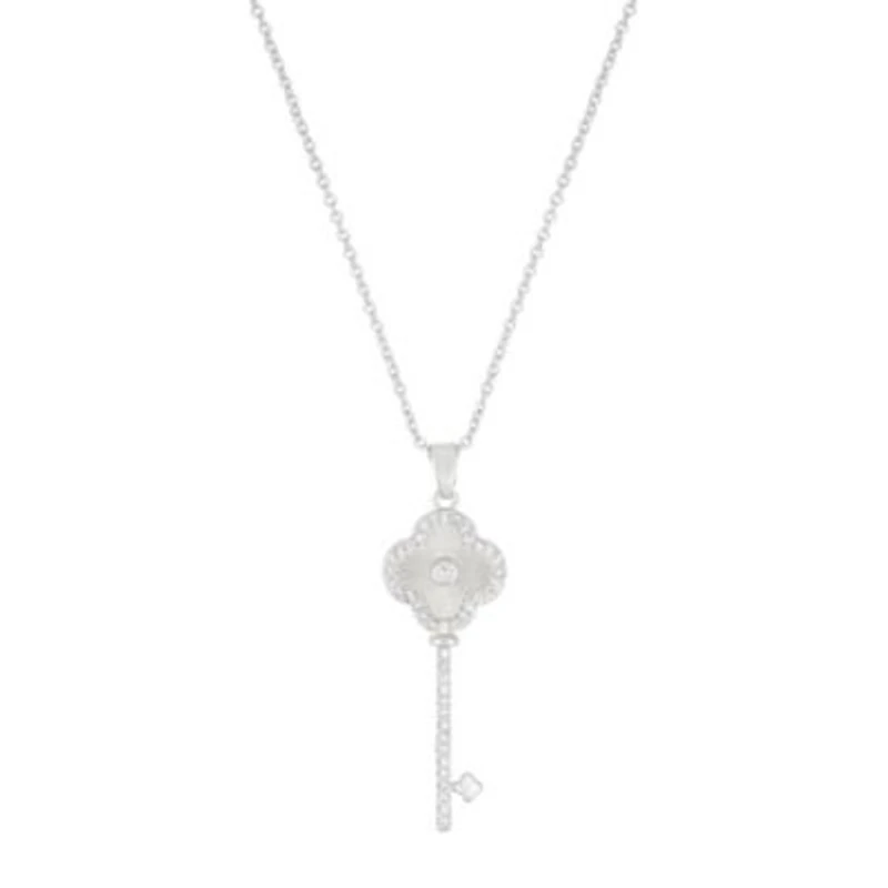 Silver Plated Pave Clover Key Pendant Necklace