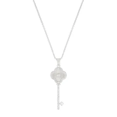 Silver Plated Pave Clover Key Pendant Necklace