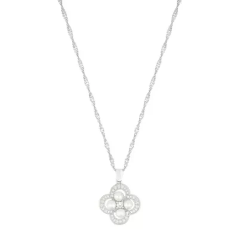 Silver Plated Pearl-Studded Clover Necklace