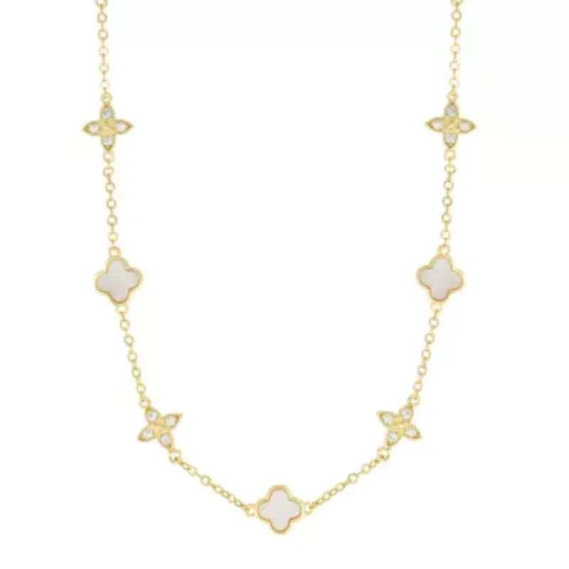 14k Gold Plated Mixed Mother of Pearl and CZ Clover Station Necklace