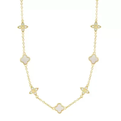 14k Gold Plated Mixed Mother of Pearl and CZ Clover Station Necklace