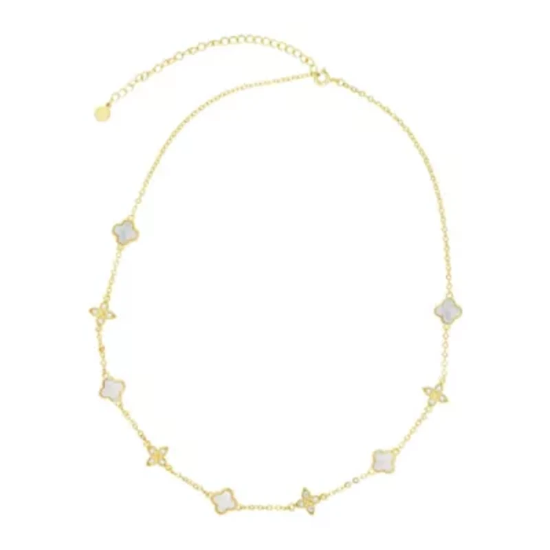 14k Gold Plated Mixed Mother of Pearl and CZ Clover Station Necklace