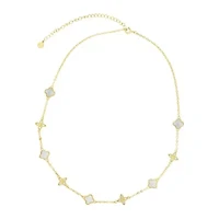 14k Gold Plated Mixed Mother of Pearl and CZ Clover Station Necklace