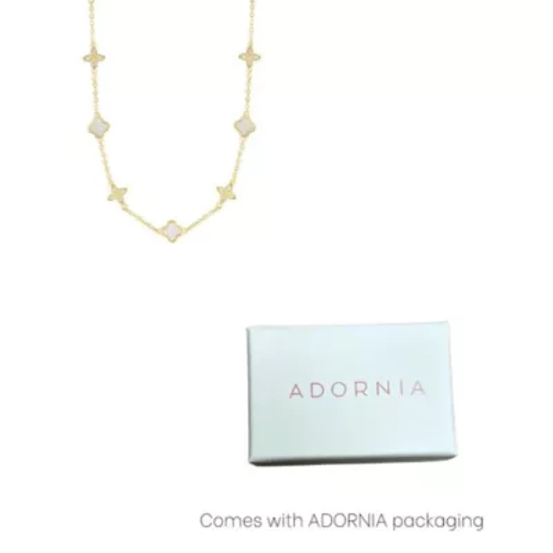 14k Gold Plated Mixed Mother of Pearl and CZ Clover Station Necklace