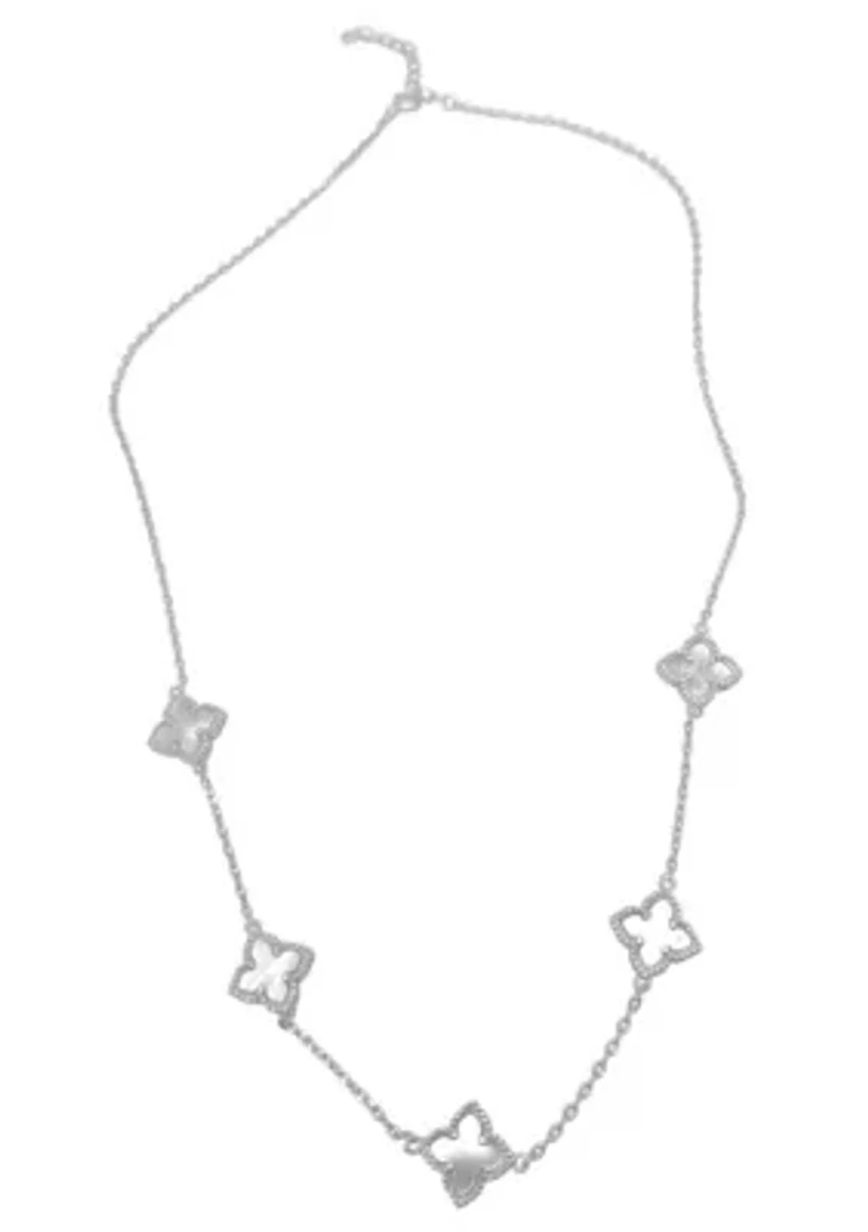 Silver Plated White Mother of Pearl Floral Station Necklace