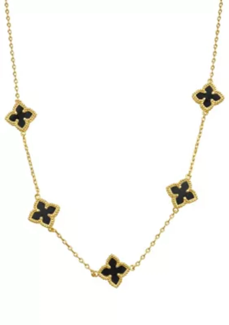 14k Gold Plated Black Floral Station Necklace