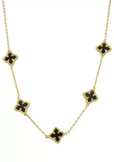 14k Gold Plated Black Floral Station Necklace