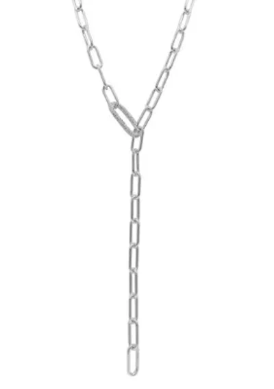 Silver Plated Paper Clip Chain Lariat Necklace with Crystal Adjustable Lock