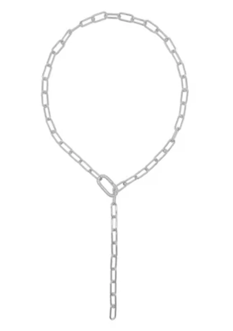 Silver Plated Paper Clip Chain Lariat Necklace with Crystal Adjustable Lock