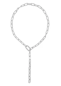Silver Plated Paper Clip Chain Lariat Necklace with Crystal Adjustable Lock