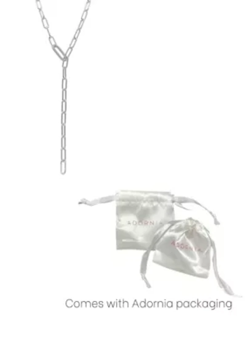 Silver Plated Paper Clip Chain Lariat Necklace with Crystal Adjustable Lock