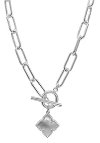 Silver Plated Flower White Mother of Pearl Paper Clip Chain Toggle Necklace