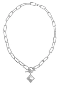 Silver Plated Flower White Mother of Pearl Paper Clip Chain Toggle Necklace