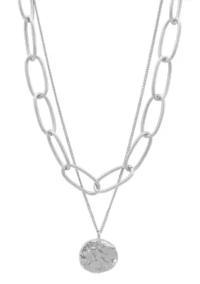 Silver Plated Oval Link Chain and Coin Pendant Layered Necklace