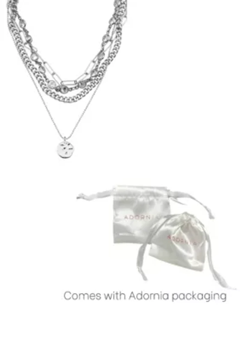 Silver Plated Messy Layered Necklace with Pebbled Charm