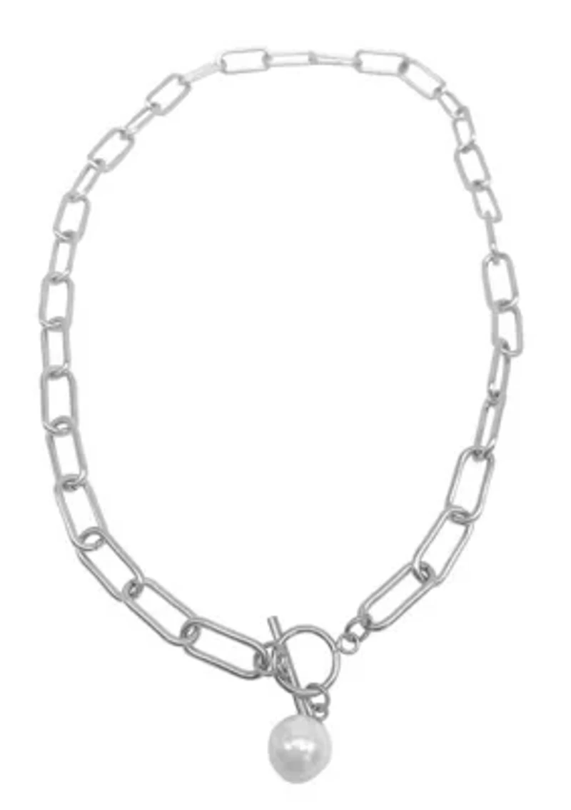 Tarnish Resistant Silver Plated Paper Clip Toggle Necklace with Pearl