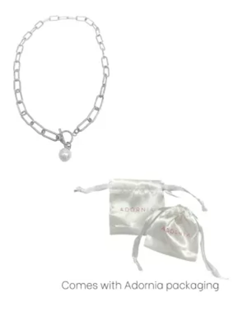 Tarnish Resistant Silver Plated Paper Clip Toggle Necklace with Pearl