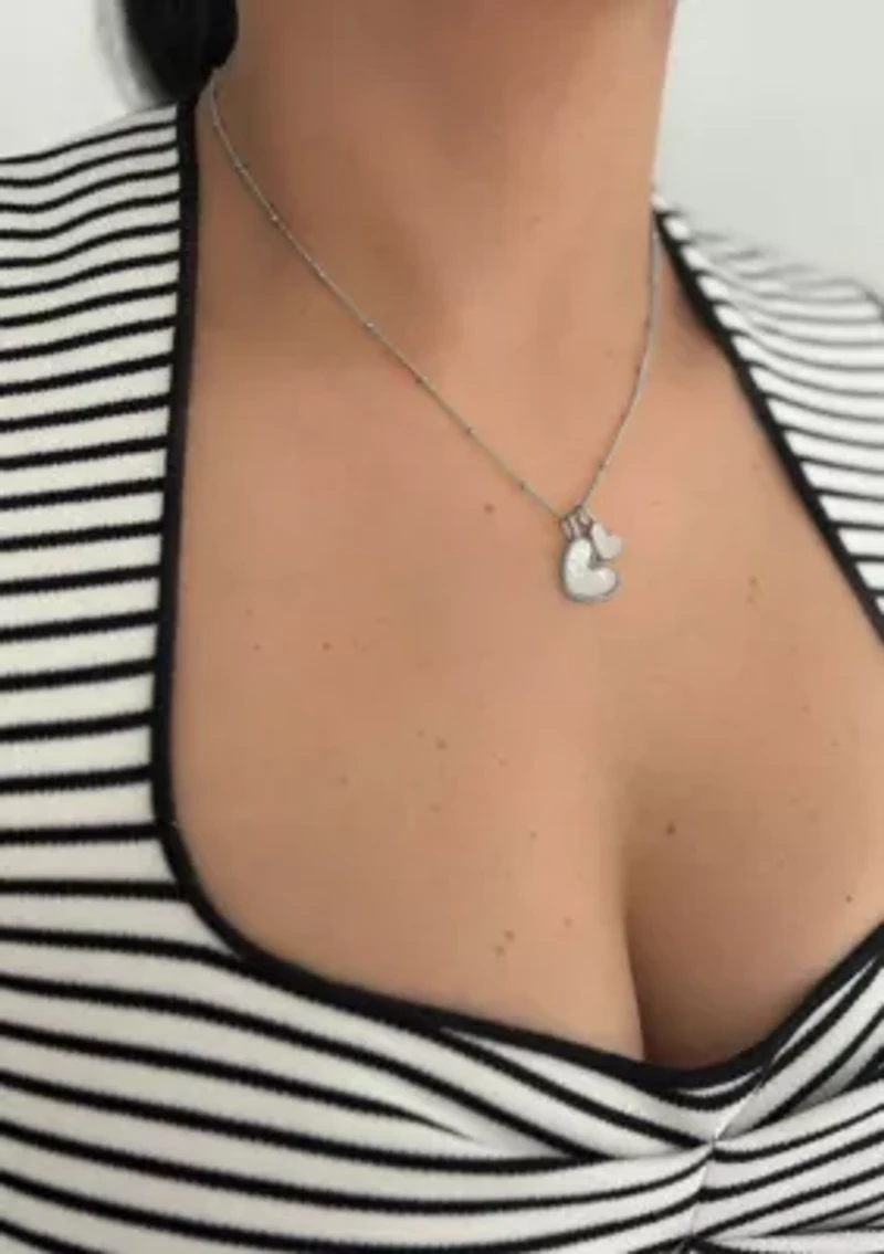 Tarnish Resistant Silver Plated Mother of Pearl Heart Charms Necklace