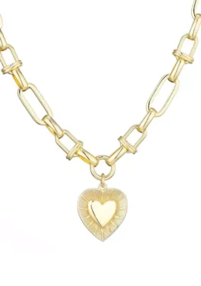14k Yellow Gold Plated Chunky Mixed Link Chain Fluted Heart Necklace