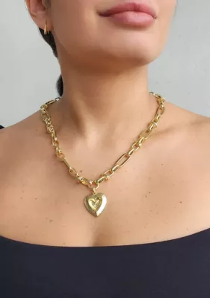 14k Yellow Gold Plated Chunky Mixed Link Chain Fluted Heart Necklace