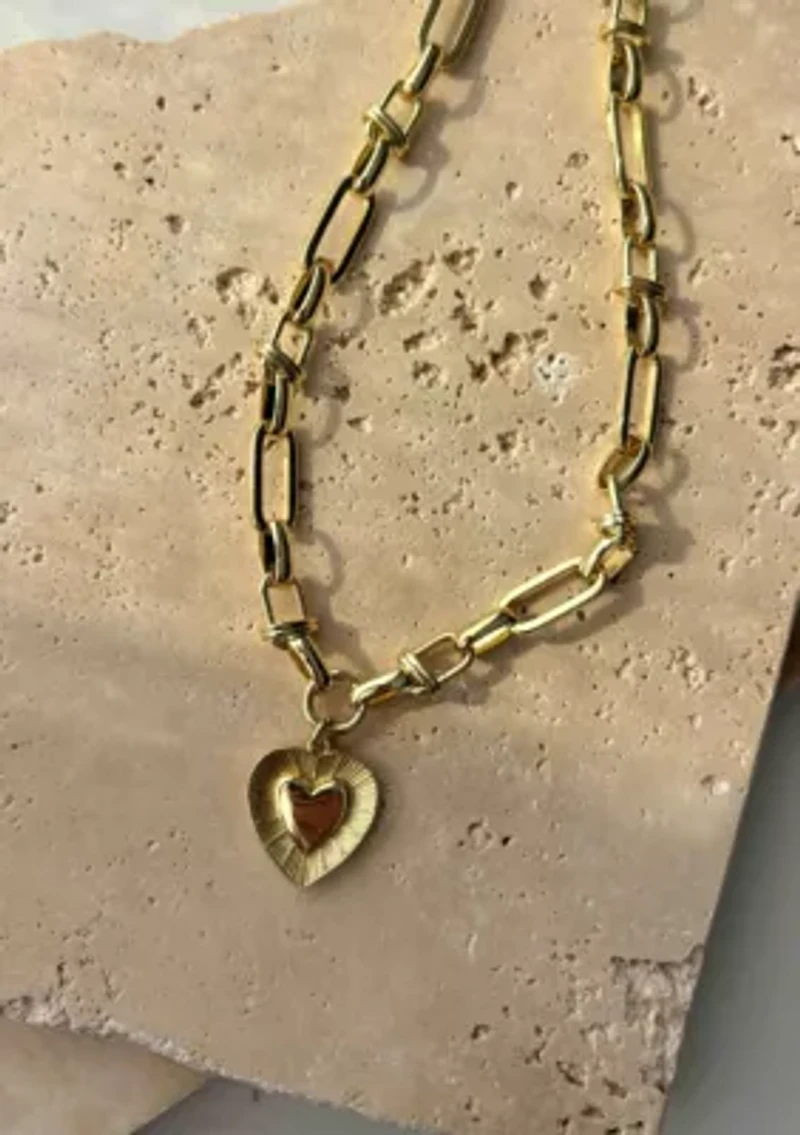14k Yellow Gold Plated Chunky Mixed Link Chain Fluted Heart Necklace