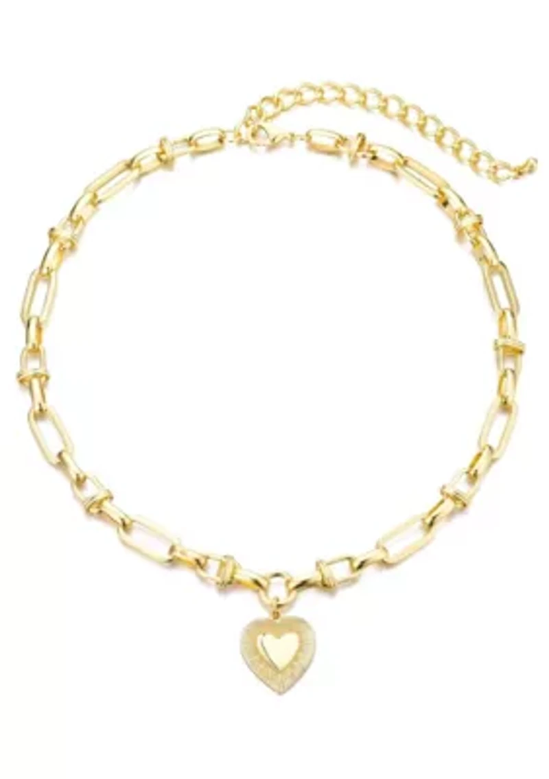 14k Yellow Gold Plated Chunky Mixed Link Chain Fluted Heart Necklace