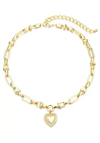 14k Yellow Gold Plated Chunky Mixed Link Chain Fluted Heart Necklace