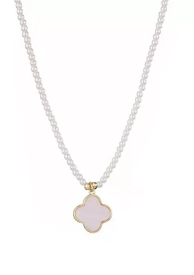14k Gold Plated Pearl Strand Clover Pendant Necklace