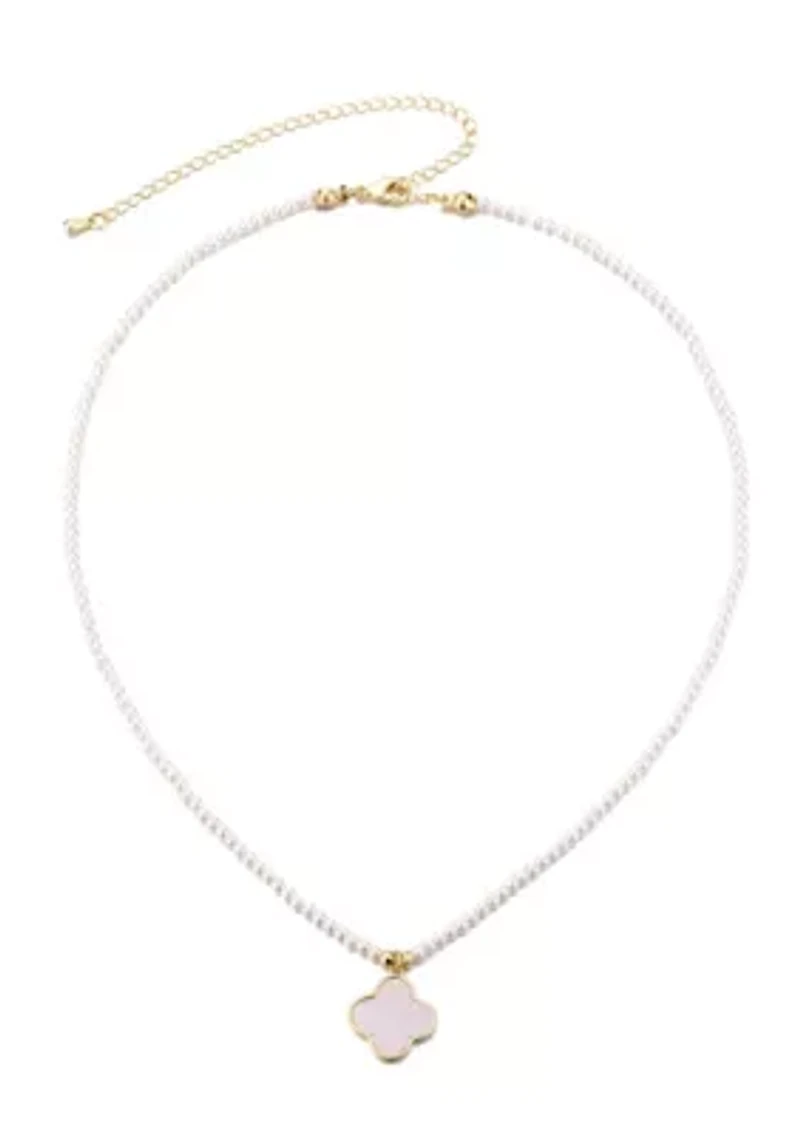 14k Gold Plated Pearl Strand Clover Pendant Necklace